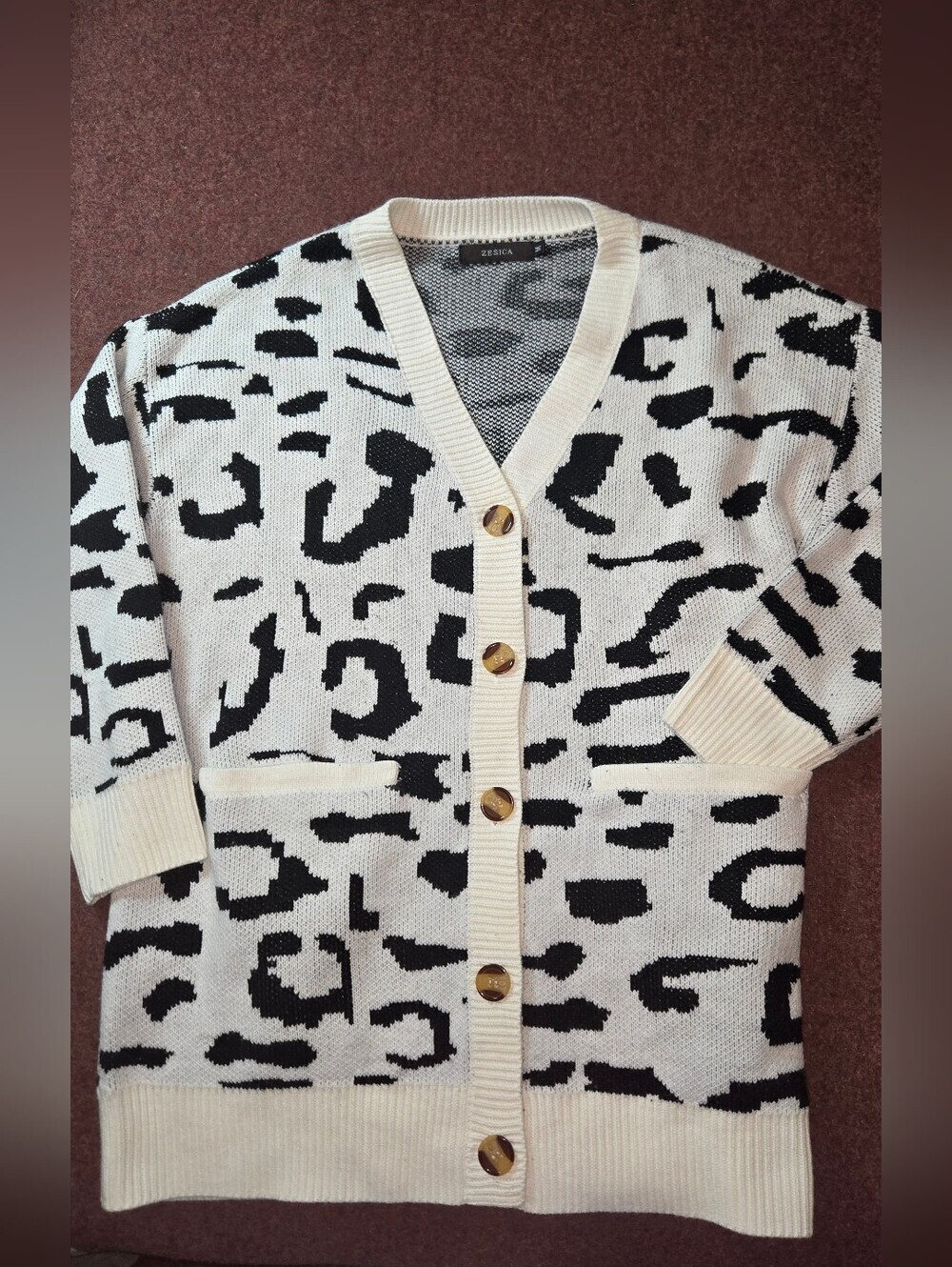 ZESICA Button-down Cardigan Cream Knit Black Leopard Print Medium